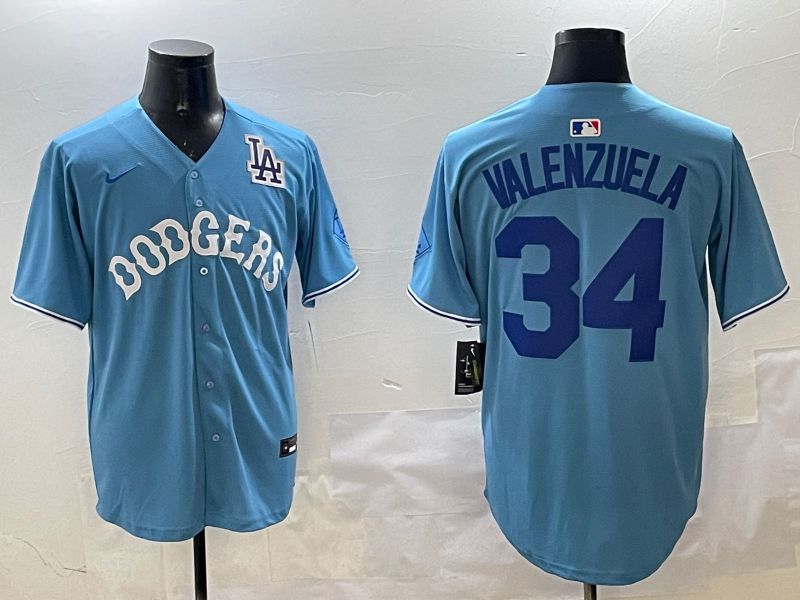 Men Los Angeles Dodgers 34 Valenzuela Light Blue Joint Name 2025 Nike MLB Jersey style 31617